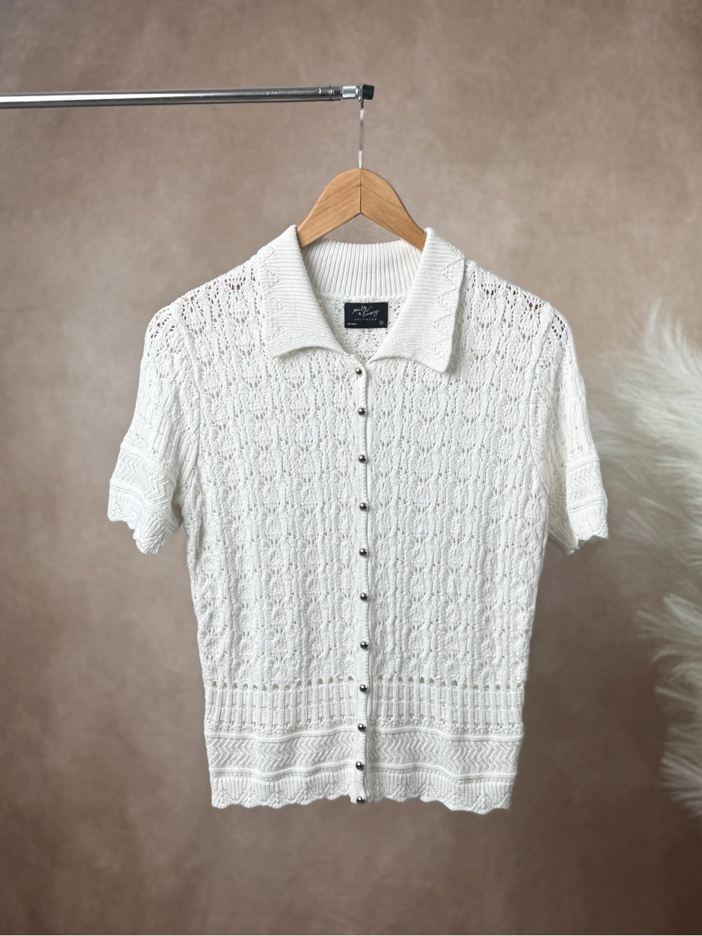 Milk & Honey White Open Knit Lace Polo Button Up Top Cardigan